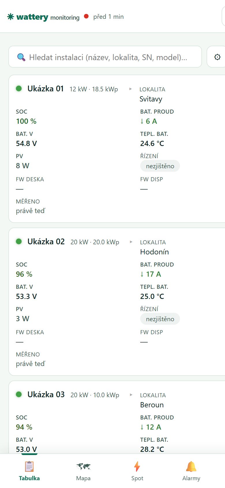 Mobilní zobrazení flotily se spodní navigací