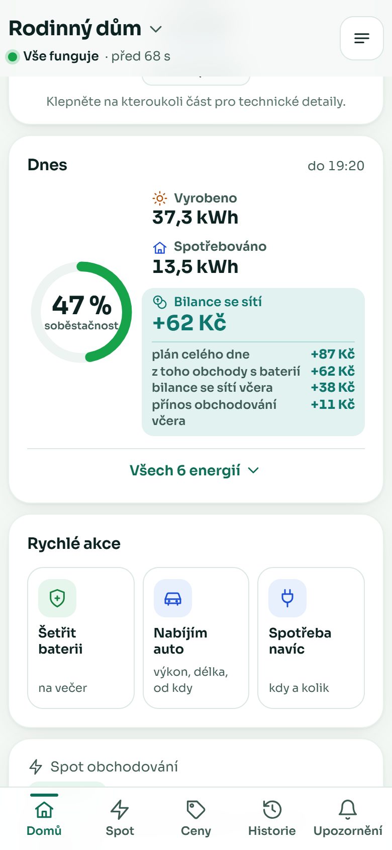 Domovská obrazovka v telefonu: Rychlé akce s dlaždicí Spotřeba navíc